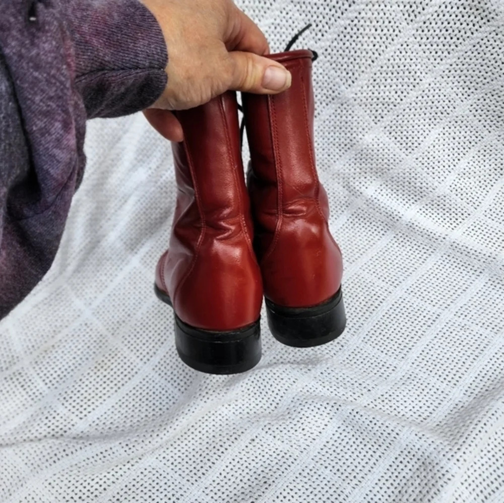 Laredo Red Leather Kiltie Ankle Boots Womens Size 6.5 Lace Up Western Retro Stat - Picture 10 of 16